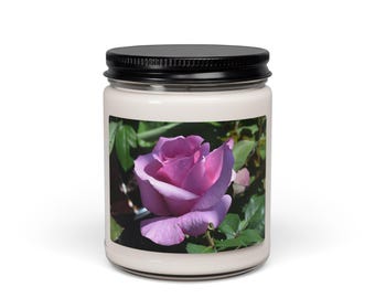Candela con foto di rosa viola, 255 g, in cera di soia / Barattolo profumato ai fiori