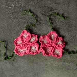 Könnte beinhalten: Handgefertigtes Häkeltop in floralem Design. Das Top hat rosa und weiße blütenförmige Cups mit grünen, rankenartigen Trägern. Das Kleidungsstück wird auf einer grauen Oberfläche präsentiert.