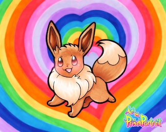 Eevee Canvas with Black Wood Frame and Rainbow Heart