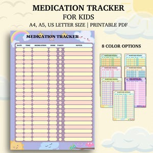 Registro de medicamentos imprimible para niños / Hoja de registro diario de medicamentos para padres, enfermeras y escuelas / Formato A4, A5, Carta de EE. UU. / 8 colores