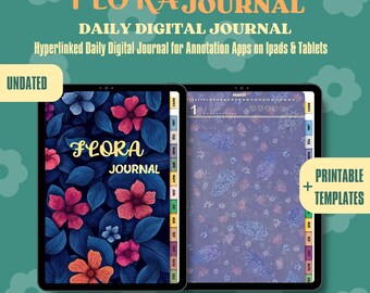 May include: Two digital tablets displaying a floral journal. One tablet shows a dark blue cover with pink and orange flowers, the other shows a dated journal page. Text includes "FLORA JOURNAL" and "DAILY DIGITAL JOURNAL".