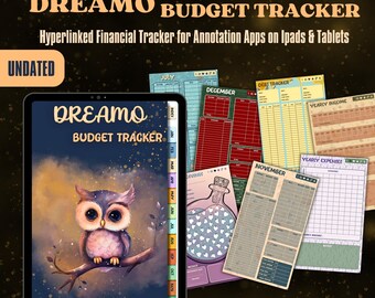 May include: A digital budget tracker with a whimsical owl illustration on the cover. The tracker includes monthly and yearly budget sheets, a debt tracker, and savings tracker. The tracker is designed for use with annotation apps on iPads and tablets.