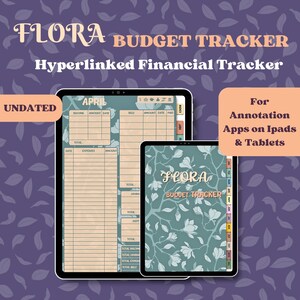 May include: A digital budget tracker template with a floral design. The template is titled "FLORA BUDGET TRACKER" and is labeled "For Annotation Apps on Ipads & Tablets". The template includes sections for income, expenses, savings, and debt.