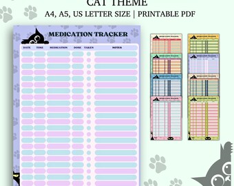 Puede incluir: Un rastreador de medicamentos imprimible con tema de gato. El diseño presenta un fondo morado claro con huellas de patas y siluetas de gatos. El rastreador incluye secciones para fecha, hora, medicamento, dosis, tomado y notas.