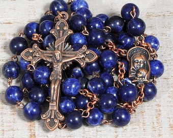 Catholic Rosary Beads Dark Blue Sodalite Copper Natural Stone Traditional Five Decade