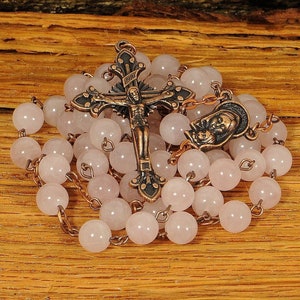 Catholic Rosary Beads Pink Rose Quartz Copper Natural Stone Traditional Rustic Gemstone Five Decade Catholic Gift