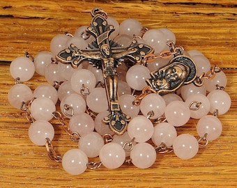 Catholic Rosary Beads Pink Rose Quartz Copper Natural Stone Traditional Rustic Gemstone Five Decade Catholic Gift