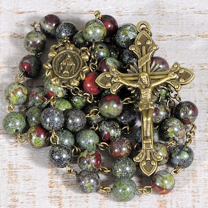 Catholic Rosary Beads Rustic Red Brown Green Dragon Blood Jasper Bronze Natural Stone Traditional Five Decade