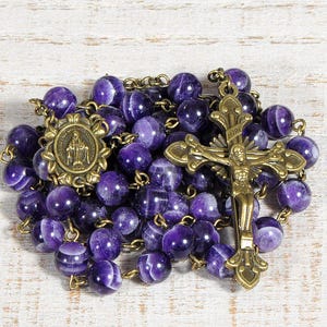 Purple Catholic Rosary Beads AAA White Banded Chevron Amethyst Natural Stone Rosary Bronze Traditional Five Decade Catholic Gift Communion