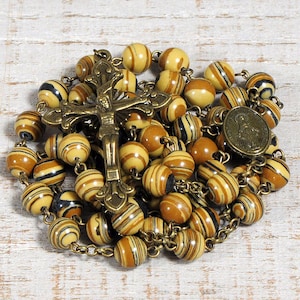 Catholic Rosary Beads Rustic Brown Beige Wood Jasper Bronze Traditional Five Decade Gift Confirmation Communion