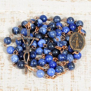 Catholic Rosary Beads Mixed Blue Sodalite Copper Natural Stone Traditional Five Decade Rustic Catholic Gift Small Bead