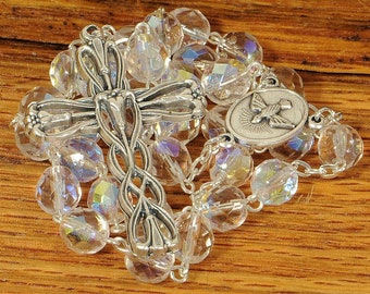 Anglican Rosary Beads Czech Crystal AB (Aurora Borealis) Faceted Glass Prayer Beads Silver Protestant Christian Episcopal Rosary