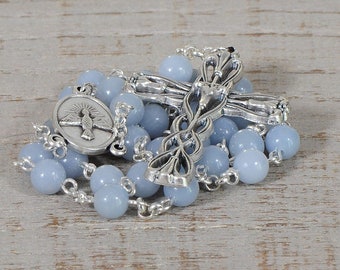 Anglican Rosary Beads Blue Angelite Natural Stone Beads Prayer Beads Silver Protestant Christian Episcopal Rosary Beads