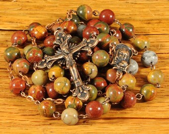 Large Multi Color Milifiori and Bronze 10mm 5 Decade Natural Stone Bead Rosary Large Multi Color Milifiori and Bronze 10mm 5 Decade Natural Stone Bead Rosary