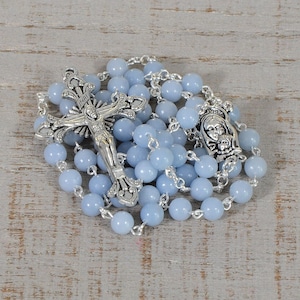 Blue Catholic Rosary Beads Angelite Natural Stone Silver Traditional Five Decade Men Women Catholic Gift Small Bead Rosary