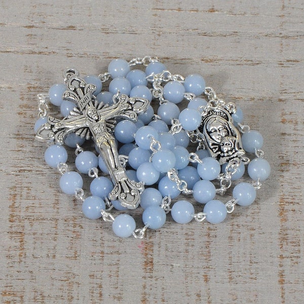 Blue Catholic Rosary Beads Angelite Natural Stone Silver Traditional Five Decade Men Women Catholic Gift Small Bead Rosary