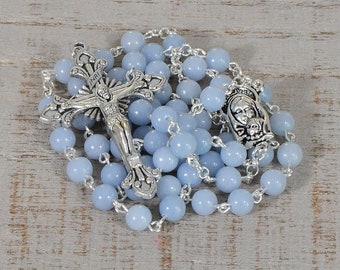 Blue Catholic Rosary Beads Angelite Natural Stone Silver Traditional Five Decade Men Women Catholic Gift Small Bead Rosary