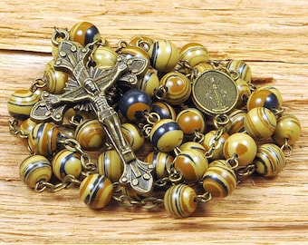 Catholic Rosary Beads Rustic Brown Beige Wood Jasper Bronze Traditional Five Decade Gift Confirmation Communion