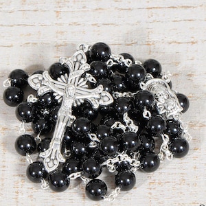 Catholic Rosary Beads Black Onyx Silver Traditional Natural Stone Five Decade Unisex Catholic Gift Mens Rosary