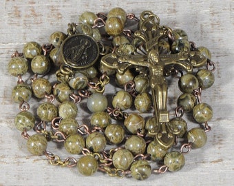 Green Catholic Rosary Beads Natural Stone A Quality Brecciated Jasper Bronze Traditional Rustic Five Decade Men Women Catholic Gift