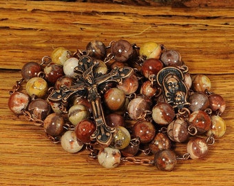 Catholic Rosary Beads Rustic Birdseye Rhyolite Natural Stone Copper Traditional Rosary Five Decade Catholic Gift