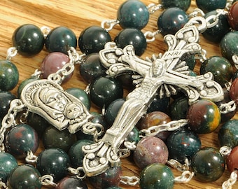 Catholic Rosary Beads Green Blue Red Indian Bloodstone Natural Stone Silver Traditional Five Decade