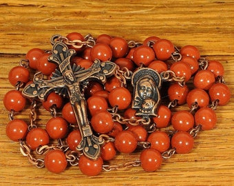 Catholic Rosary Beads Red Jasper Natural Stone Copper Traditional Rustic Five Decade Catholic Gift