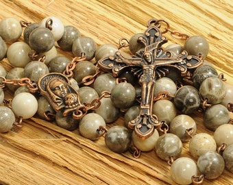 Catholic Rosary Beads Rustic Gray Green Yellow Fossil Coral Natural Stone Rustic Copper Traditional Rosary Five Decade Catholic Gift