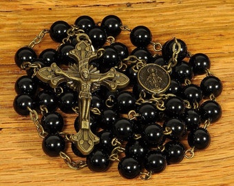 Catholic Rosary Beads Rustic Black Onyx Bronze Natural Stone Traditional Five Decade