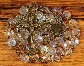 Catholic Rosary Beads Crystal Clear AB Glass Beads Bronze Traditional Five Decade Unisex Gift Confirmation Communion Rosary