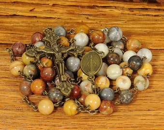 Catholic Rosary Beads Rustic Multi Color Yellow Crazy Lace Agate Bronze Traditional Five Decade Gift Confirmation Communion