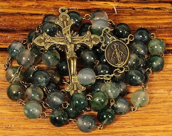 Catholic Rosary Beads Green White Moss Agate Bronze Tradtional Natural Stone Five Decade Unisex Gift Cofirmation Communion Mens Rosary