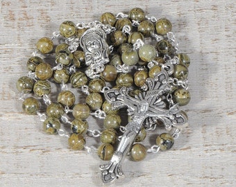 Green Catholic Rosary Beads Natural Stone A Quality Brecciated Jasper Silver Traditional Rustic Five Decade Men Women Catholic Gift