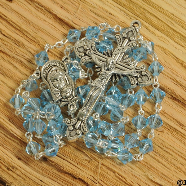 Catholic Rosary Beads Blue Aquamarine Swarovski Crystal Bi Cone Bead Silver Traditional Five Decade Gift First Communion Confirmation