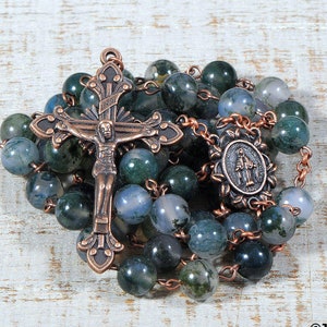 Catholic Rosary Beads Green AA Quality Moss Agate Natural Stone Rosary Copper Traditional Five Decade Mens Gift Communion Confirmation