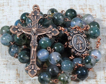 Catholic Rosary Beads Green AA Quality Moss Agate Natural Stone Rosary Copper Traditional Five Decade Mens Gift Communion Confirmation