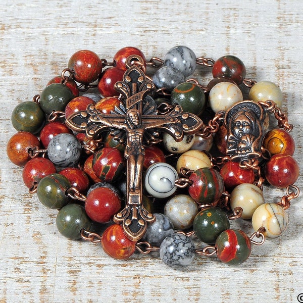 Catholic Rosary Beads Picasso Red Creek Jasper Natural Stone Copper Traditional Rustic Rosary Beads Five Decade Catholic Gift Mens