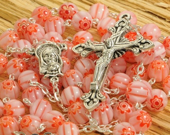 Catholic Rosary Beads Red White Floral Millefiori Glass Bead Silver Traditional Five Decade Gift First Communion Confirmation