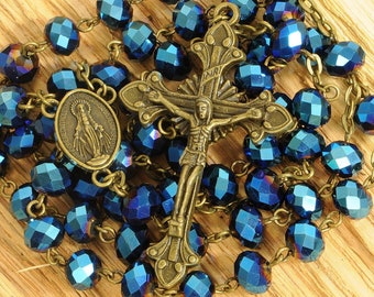 Catholic Rosary Beads Electric Blue AB Glass Bronze Traditional Small Rondelle Bead Rustic Five Decade Miraculous Center