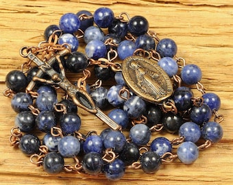 Catholic Rosary Beads Mixed Blue Sodalite Copper Natural Stone Traditional Five Decade Rustic Catholic Gift Small Bead