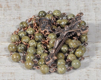 Green Catholic Rosary Beads Natural Stone A Quality Brecciated Jasper Copper Traditional Rustic Five Decade Men Women Catholic Gift