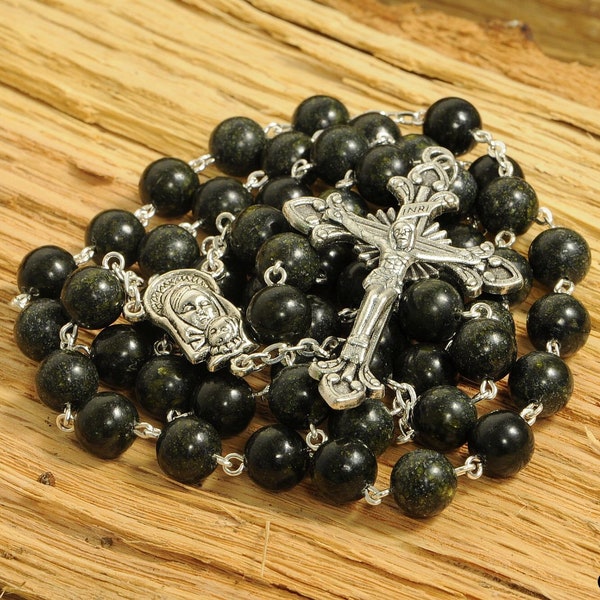 Catholic Rosary Beads Green Black Russian Serpentine Natural Stone Silver Traditional Five Decade