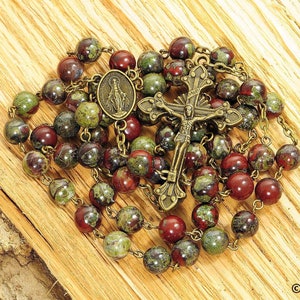 Catholic Rosary Beads Rustic Red Brown Green Dragon Blood Jasper Bronze Natural Stone Traditional Five Decade image 1