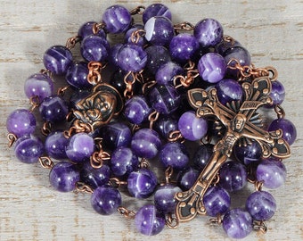 Purple Catholic Rosary Beads AAA White Banded Chevron Amethyst Natural Stone Rosary Copper Traditional Five Decade Catholic Gift Communion