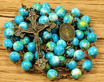 Catholic Rosary Beads Bronze Blue Yellow White Rain Flower Stone Rustic Traditional Five Decade Catholic Gift