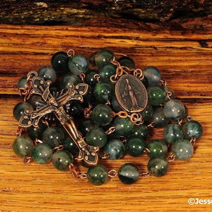 Catholic Rosary Beads Green AA Quality Moss Agate Natural Stone Rosary Copper Traditional Five Decade Mens Gift Communion Confirmation