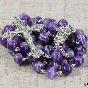 Purple Catholic Rosary Beads AAA White Banded Chevron Amethyst Natural Stone Rosary Silver Traditional Five Decade Catholic Gift Communion image 1