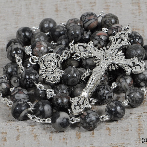 Black Gray Catholic Rosary Beads Natural Stone Fossil Agate Silver Traditional Rustic Five Decade Men Women Catholic Gift