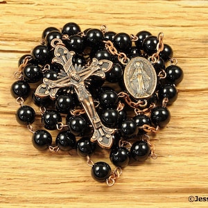 Catholic Rosary Beads Black Onyx Natural Stone Copper Traditional Rustic Rosary Beads Five Decade Catholic Gift Unisex Mens Rosary image 1