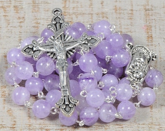 Catholic Rosary Beads Silver Purple Milky Amethyst AA Quality Natural Stone Traditional Five Decade First Communion Confirmation Gift